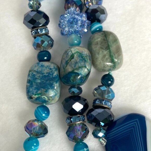 Sterling Silver 925 Blue Dyed Banded Agate & Chrysocolla Quartz Beaded Necklace - Picture 7 of 16